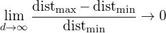 \begin{equation*} \lim_{d \to \infty} \frac{\operatorname{dist}_{\max} - \operatorname{dist}_{\min}}{\operatorname{dist}_{\min}} \to 0 \end{equation*}